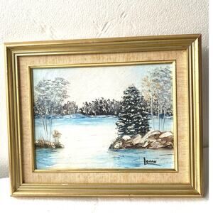 vintage-style landscape painting, likely an oil or acrylic on canvas, signed
